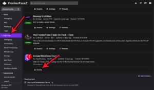 Where to enable the Unread Mentions Counter add-on in the FrankerFaceZ settings window