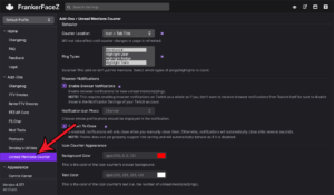Where to find the Unread Mentions Counter add-on settings in the FrankerFaceZ settings window