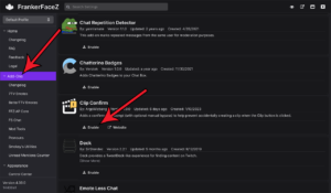 Where to enable the Clip Confirm add-on in the FrankerFaceZ settings window
