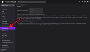 Where to find theClip Confirm add-on settings in the FrankerFaceZ settings window